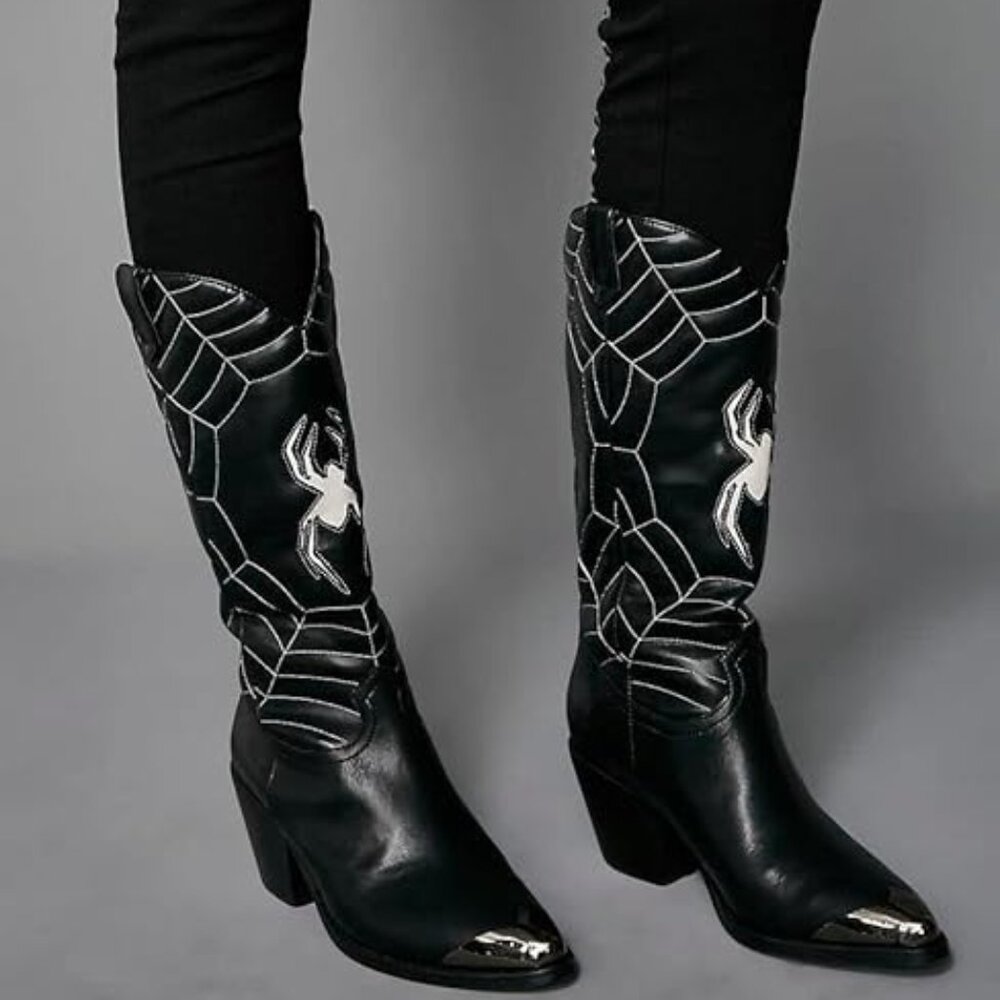 Women's Calf Cowgirl Boots Embroidered Block Chunky Heel -Black